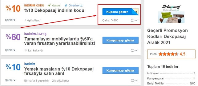 Dekopasaj indirim kodu kullanımı 